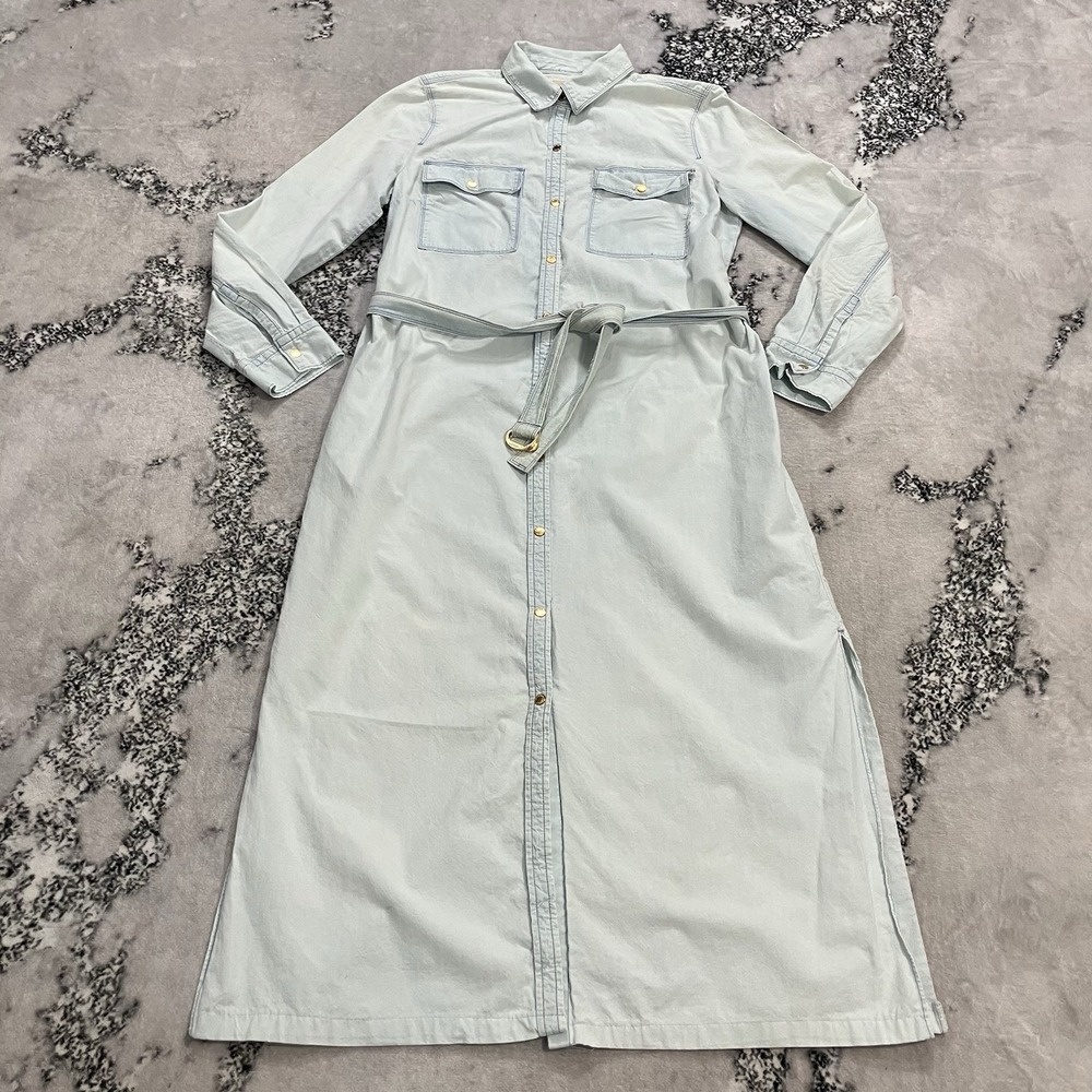 Michael Kors‎ Light Blue Belted Shirt Dress Women's Large Midi Button Front